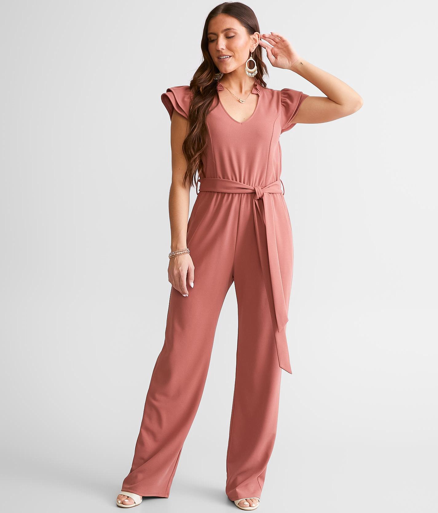 Buckle Black Ruffled Split Neck Jumpsuit - Women's Rompers & Jumpsuits in Rose