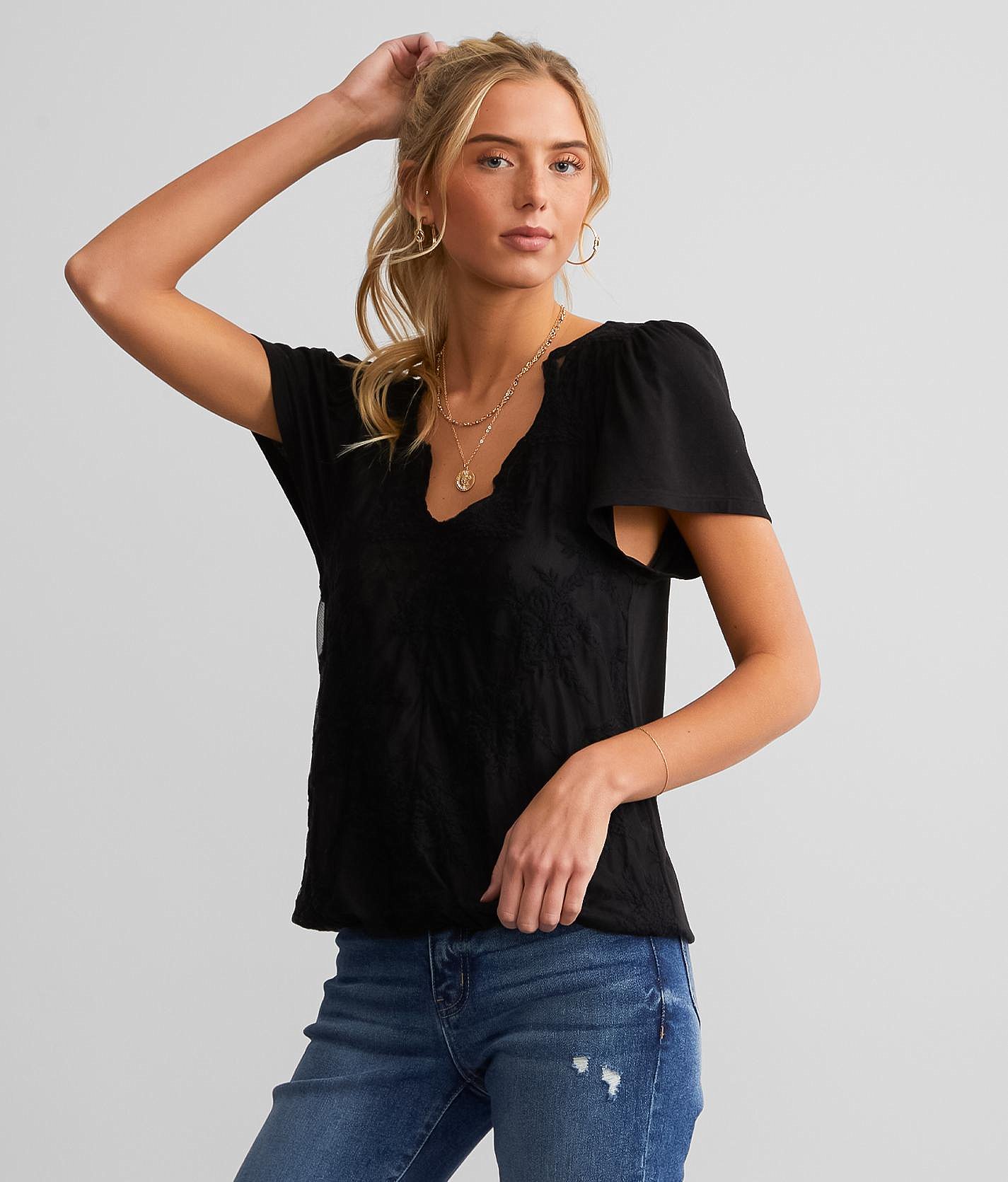 Daytrip Embroidered Mesh Overlay Top - Women's Shirts & Blouses in Black