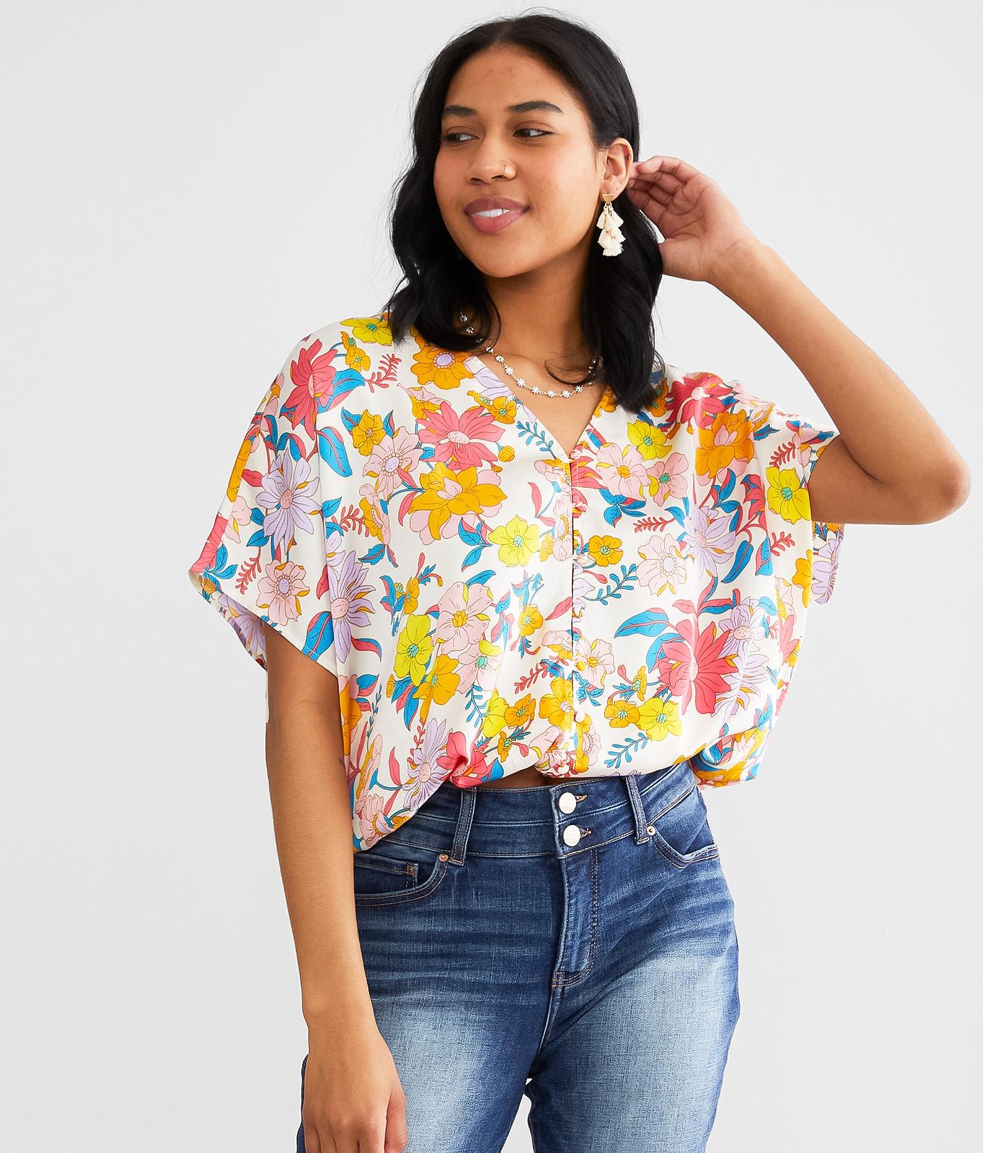 Willow & Root Floral Satin Bubble Top - Women's Shirts & Blouses in White Multi