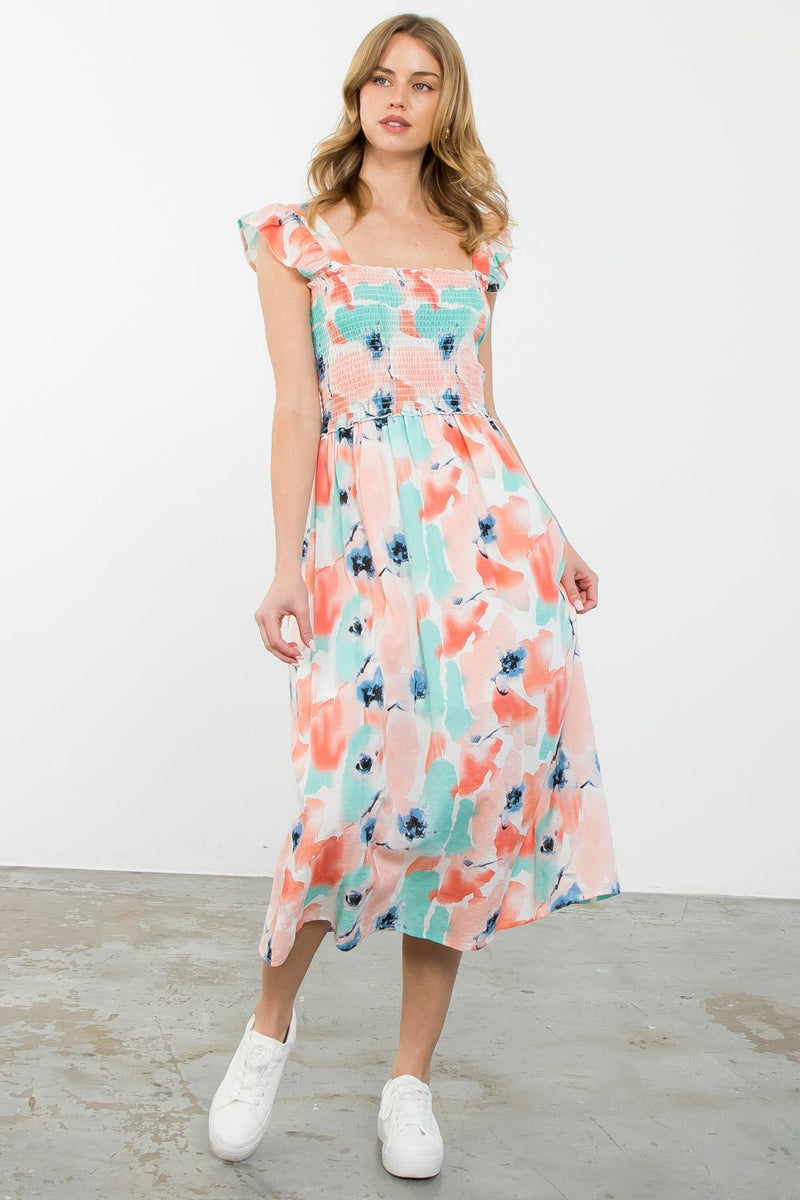 Smocked Detail Print Dress