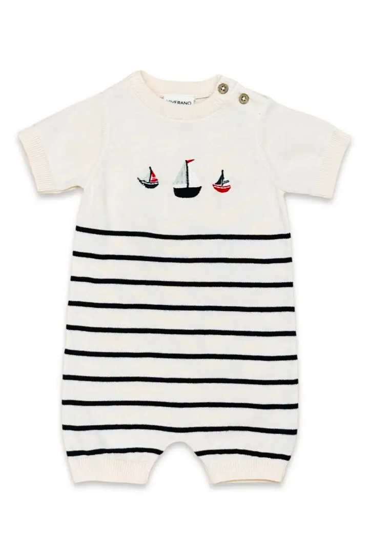 Sailboat Embroidered Knit Short Baby Romper