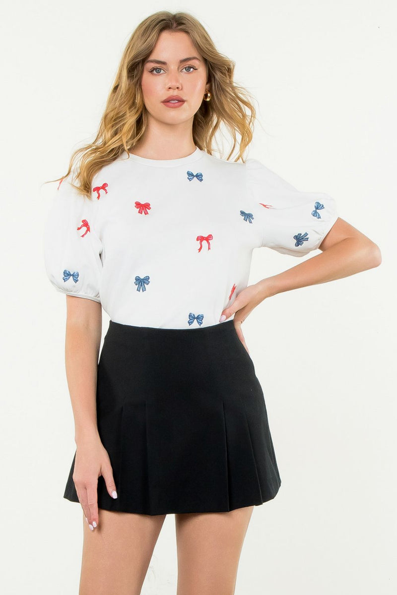 Betty Puff Sleeve Bow Embroidered Top