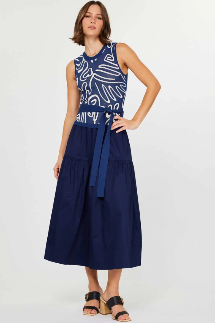 Abstract Pattern Knit & Tiered Skirt Midi Dress