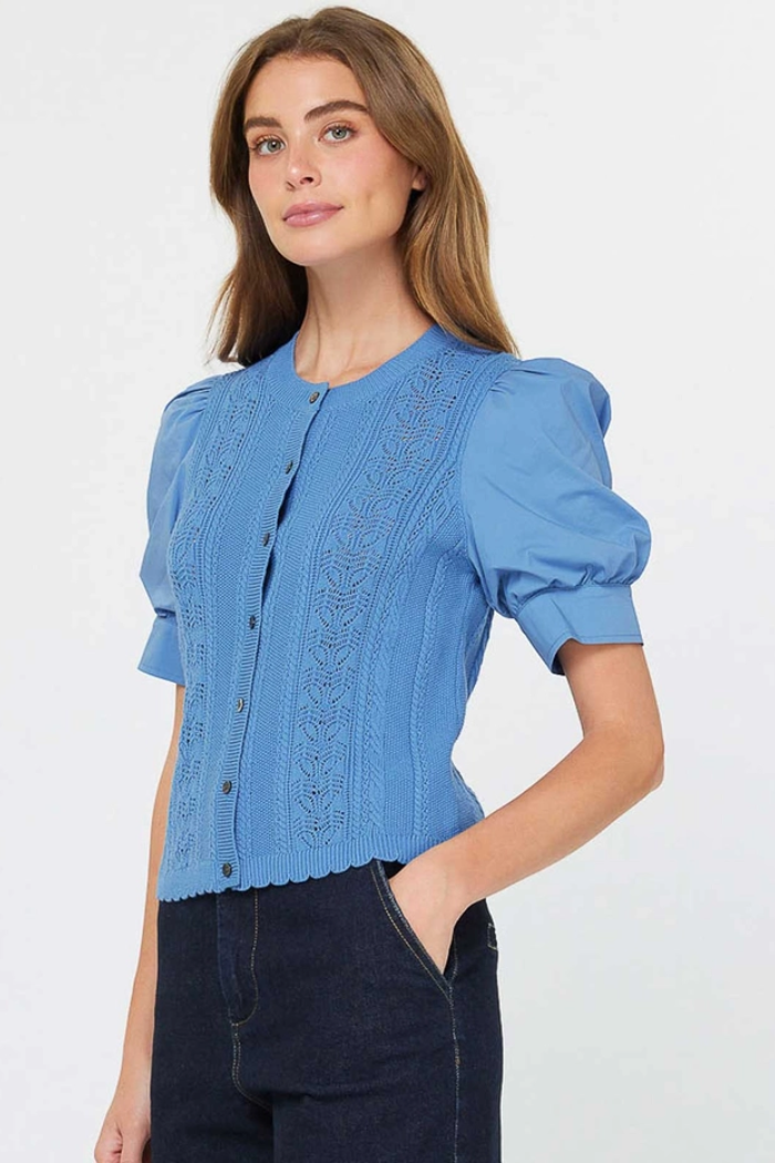 Woven Sleeve Button Down Sweater Top