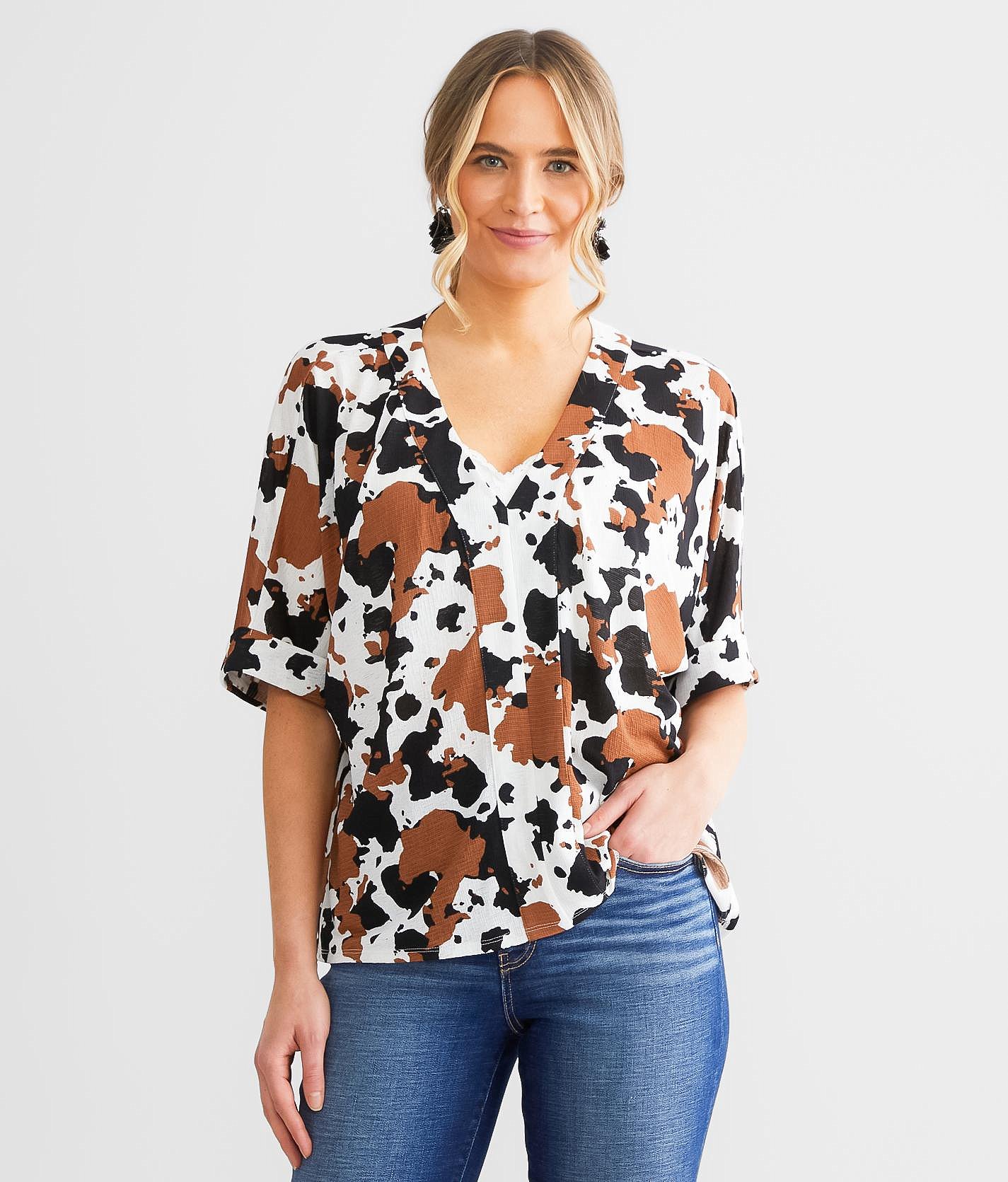 Daytrip Cow Print Dolman Top - Women's Shirts & Blouses in Multi