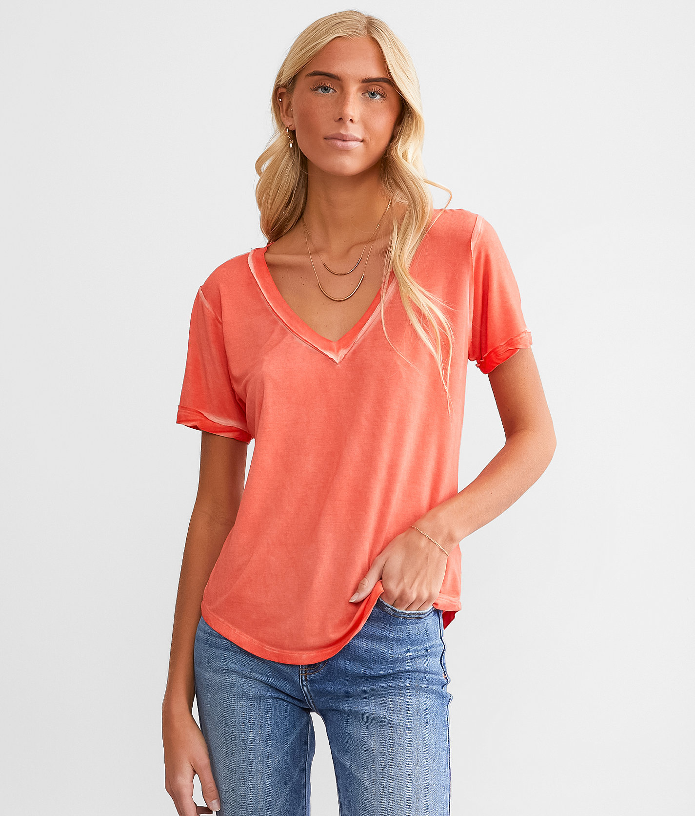 White Crow Washed V-Neck T-Shirt - Women's T-Shirts in Tango