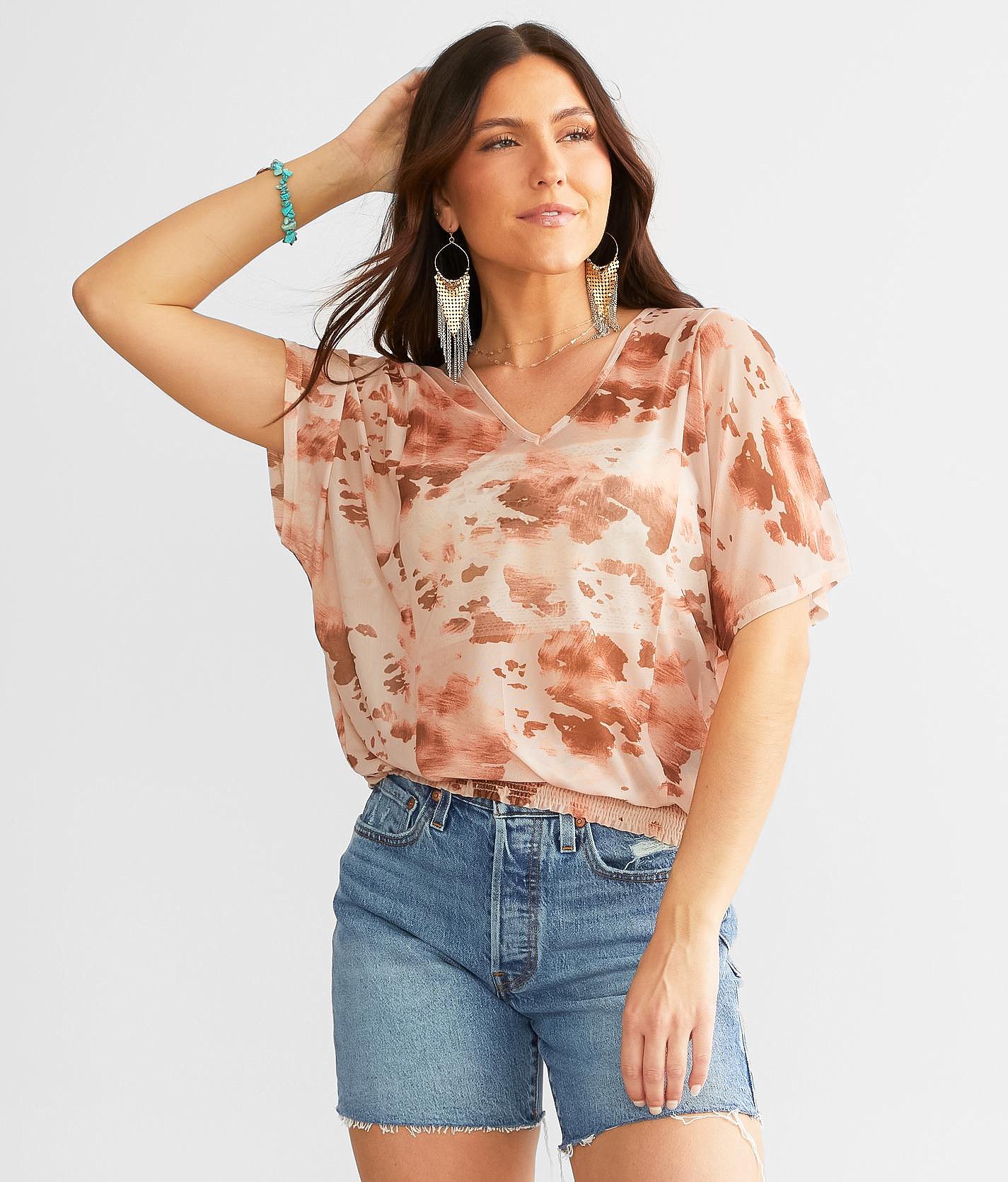Daytrip Cow Print Mesh Top - Women's Shirts & Blouses in Copper Pink