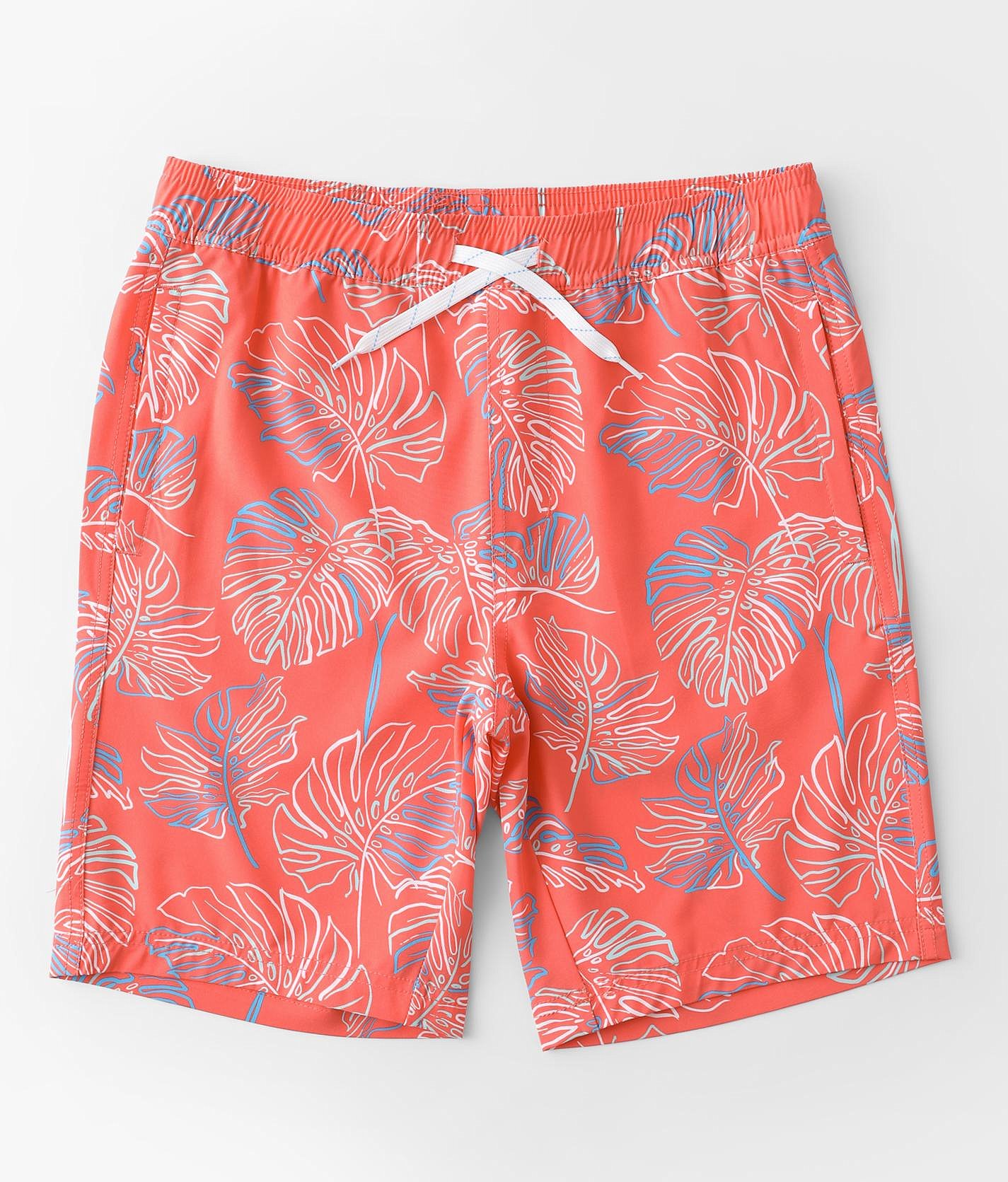 Boys - Departwest Neon Leaf Stretch Swim Trunks - Boy's Swimwear in Bright Coral