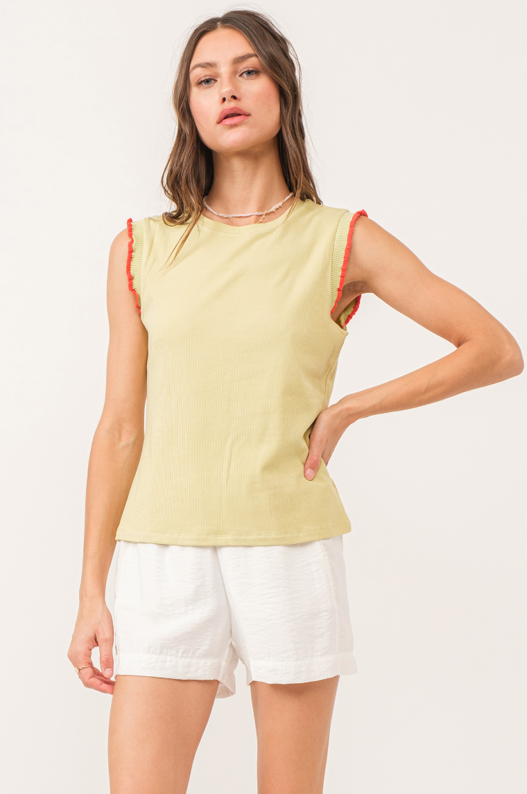 AL Gretchen Rib Ruffle Tank-Pear