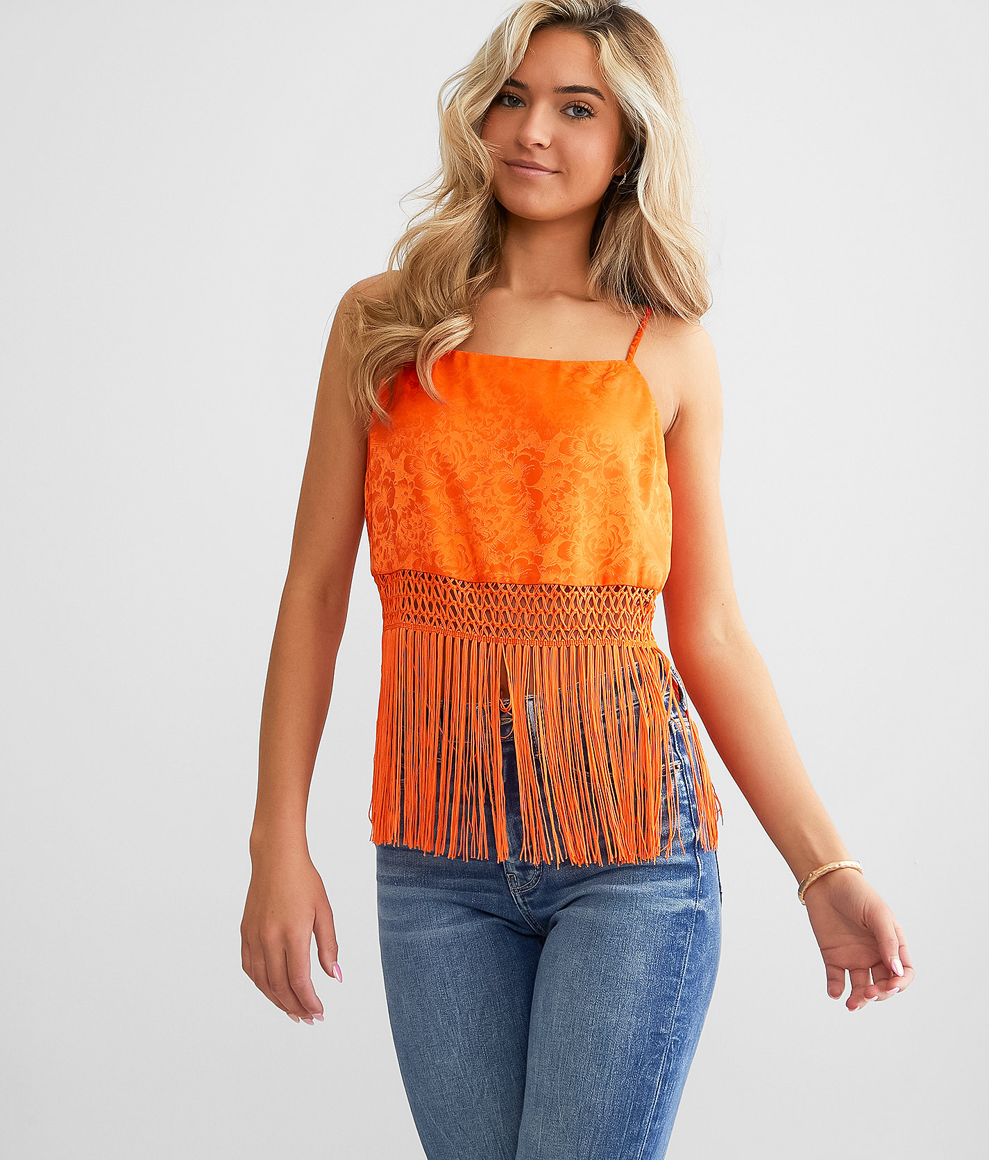 Willow & Root Jacquard Satin Fringe Tank Top - Women's Tank Tops in Vermillion Orange