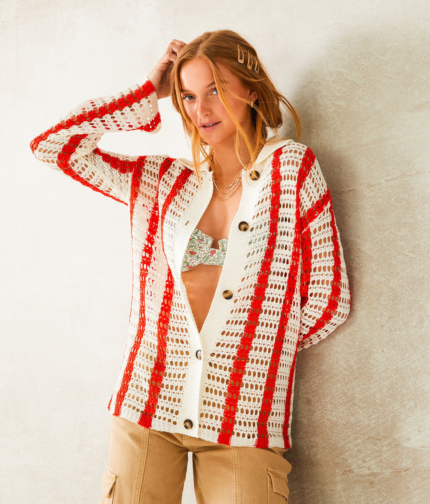 33 Coastal Wave Pointelle Stitch Cardigan Sweater - Women's Sweaters in Cream Red