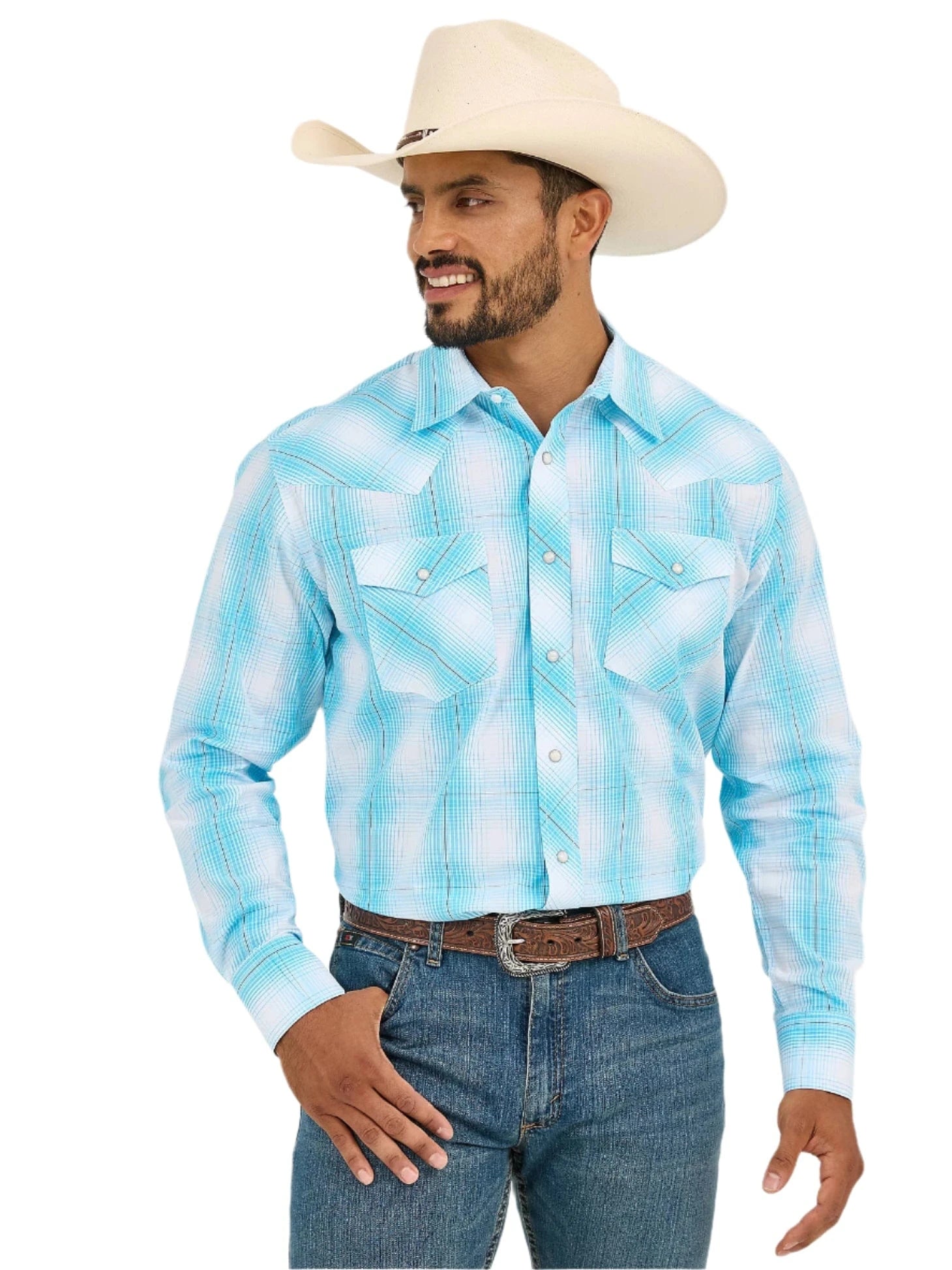 Wrangler Men's Bright Sky Plaid 20X Advanced Comfort Long Sleeve Snap Shirt 112365392