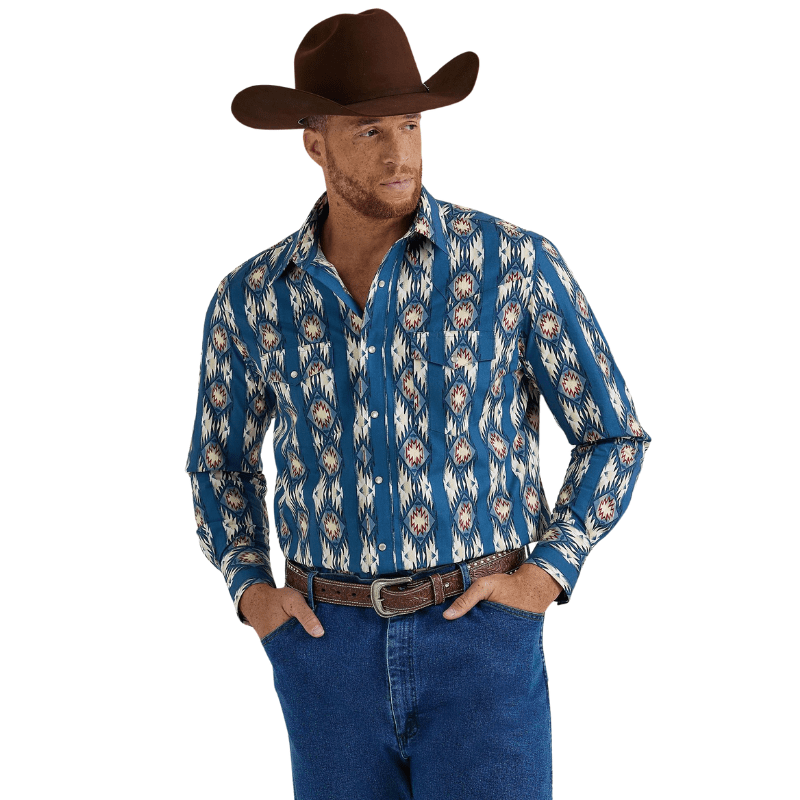 Wrangler Men's Checotah Deep Turquoise Long Sleeve Western Snap Shirt 112344419