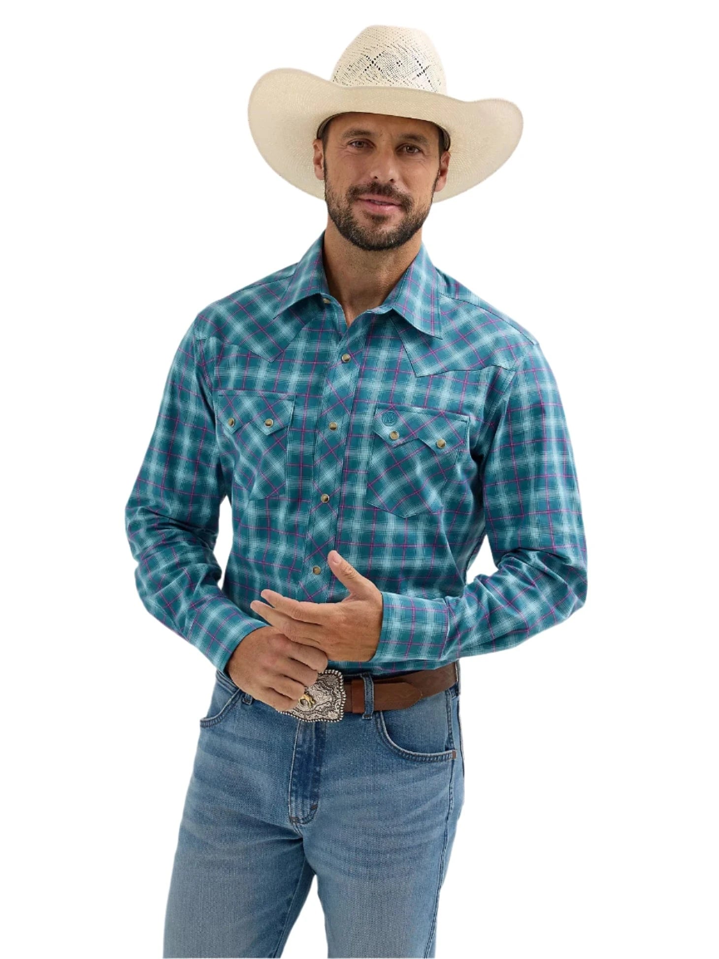 Wrangler Men's Contrast Turquoise Retro Long Sleeve Sawtooth Snap Western Shirt 112365833