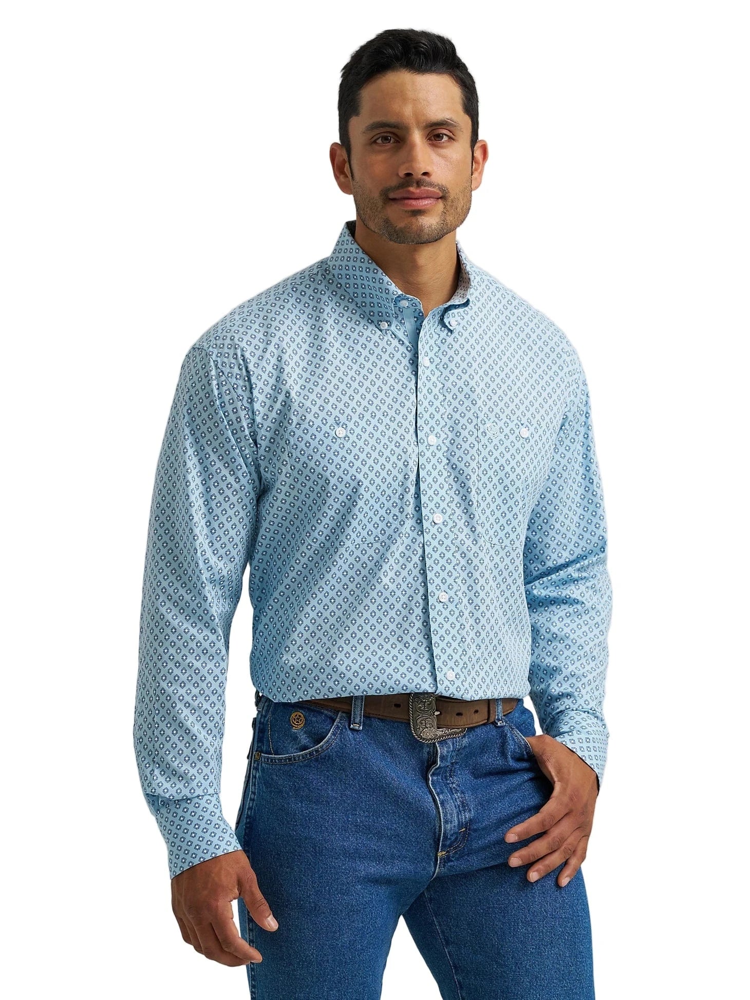Wrangler Men's George Stait Powder Blue Box Long Sleeve Western Shirt 112368232